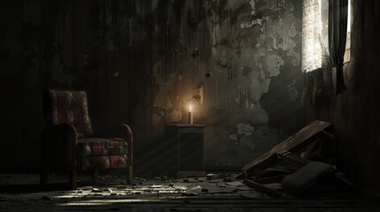 A dark and desolate room with a single lit candle.