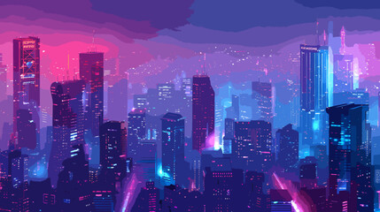 Obraz premium Vibrant Neon Cityscape at Night with Illuminated Skyscrapers and Urban Skyline, featuring Blue and Pink Lights