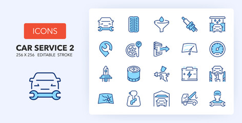 Line icons about car services. Contains such icons as repair service, garage location, cleaning and more. 256x256 Pixel Perfect editable in two colors. Set 2 of 2