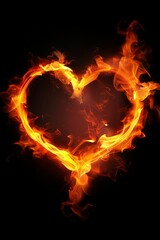 Fototapeta premium Fiery heart shape engulfed in flames on a dark background, isolated and striking