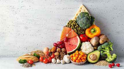 A pie chart shows the different food groups, replacing the traditional pyramid shape.
