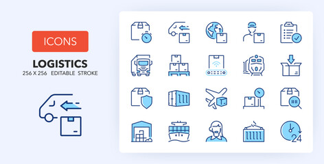 Line icons about shipping and logistics. Contains such icons as distribution, transportation, insurance and more. 256x256 Pixel Perfect editable in two colors