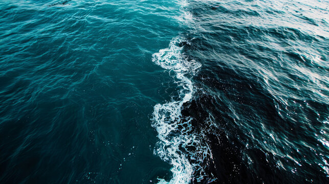 A stunning ocean scene, where calm blue waters meet wild dark blue ones. It's like two different worlds in one.