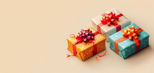 gift boxes celebrating red ribbons isolated on pastel light background. Christmas, Woman`s or valentine`s day, birthday greeting, card, frame, banner. close up, top view, Boxing day, copy space