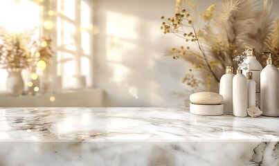 Fototapeta premium Elegant Bathroom Interior, Empty Marble Table Top for Product Display, Blurred Background, Digital AI Art, Luxurious and Modern