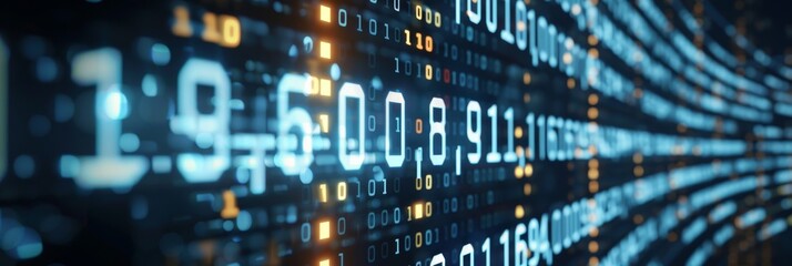 Neon binary code grid amidst abstract swirling shapes for a captivating digital display