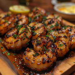 Grilled shrimp with black teriyaki sauce and herbs on a wooden board, with a lemon in the background