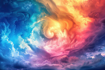 Obraz premium Generative ai on theme of beautiful tranquil landscape with magical bright rainbow at cloudy sky