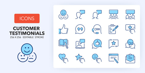 Line icons about customer testimonials. Contains such icons as ranking, feedback, quote and more. 256x256 Pixel Perfect editable in two colors