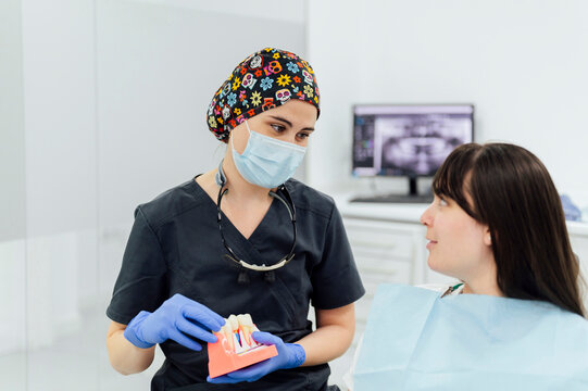Dentist explaining teeth anatomical model to patient in clinic