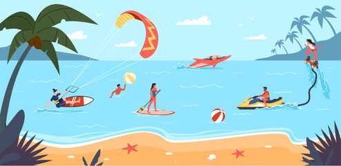 Sea swimming activities. Extreme beach activity, summer holidays, happy people sunbathe and engage in water sports, surfing, flyboarding and wakeboarding nowaday vector cartoon flat concept