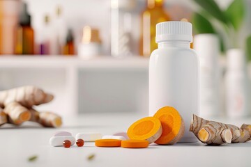 White pill bottle with turmeric root and slices on a white table