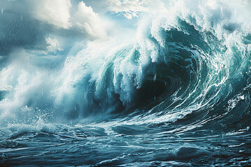 Generative ai on theme of a scary tsunami with huge foamy wave, apocalyptic dramatic background