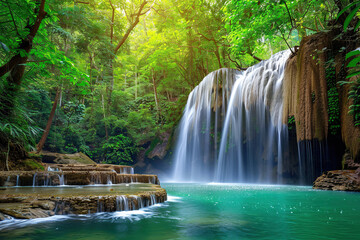 Generative ai on theme of beautiful majestic waterfall in natural nature, national park attraction