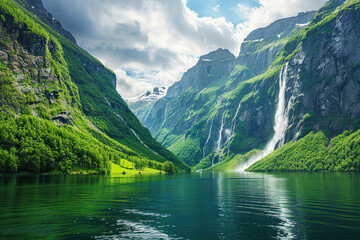 Generative ai on theme of beautiful majestic waterfall in natural nature, national park attraction