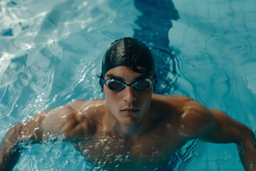 Naklejka premium Swimmer wearing a swim cap and goggles, standing in the pool and looking up, ready for a swim.