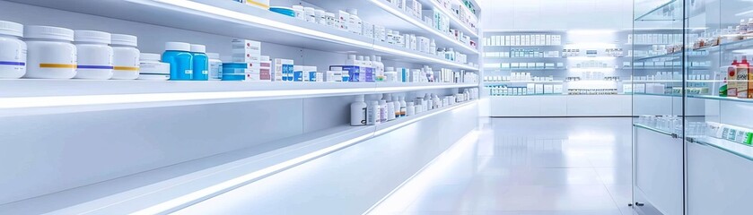 White shelves in a pharmacy stocked with medicine bottles