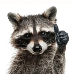 A raccoon in a bandit mask, sneakily giving a thumbs up, on a white background