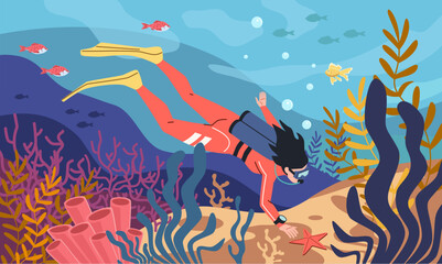 Diving under water. Girl in wetsuit dives, female scuba diver explores seabed, corals, sponges, fish, marine life. Ocean extreme sport cartoon flat isolated illustration, nowaday vector concept