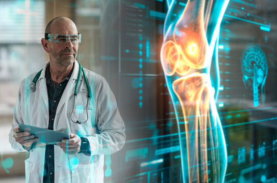Doctor wearing futuristic eyeglasses and analyzing knee with help of AI technology