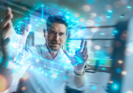 Scientist researching with help of augmented reality in laboratory