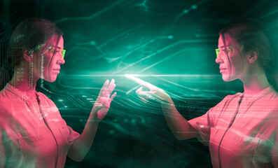 Young woman scientist transforming AI model into human 