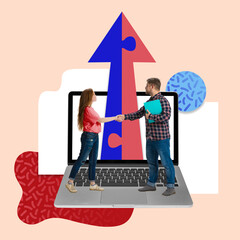 Contemporary art collage. Two colleagues stand on laptop, shaking hands in front of upward arrow...