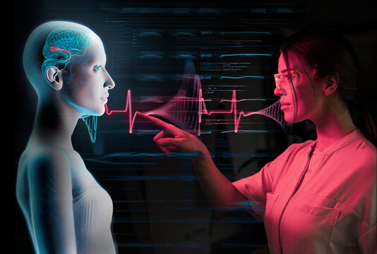 Young woman scientist standing face to face with AI human model 