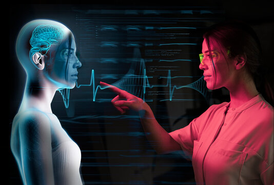 Young woman scientist pointing towards AI model 