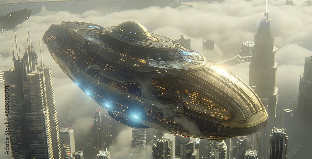 Sticker a large spaceship is flying over a city by ai generated image