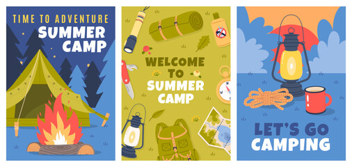 Camping and hiking elements. Traveling advertising, trip to nature, survival in forest, tourism and picnic equipment posters, journey banner, cartoon flat style isolated vector cards set