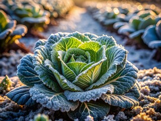 Close-Up Of A Cabbage Plant Covered In Frost In The Early Morning Light.
