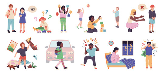 Autistic kids. Special boys and girls, hyperactivity, isolation, love of puzzles, communication problems, autistic spectrum disorder. Childish behavior cartoon flat isolated tidy vector set