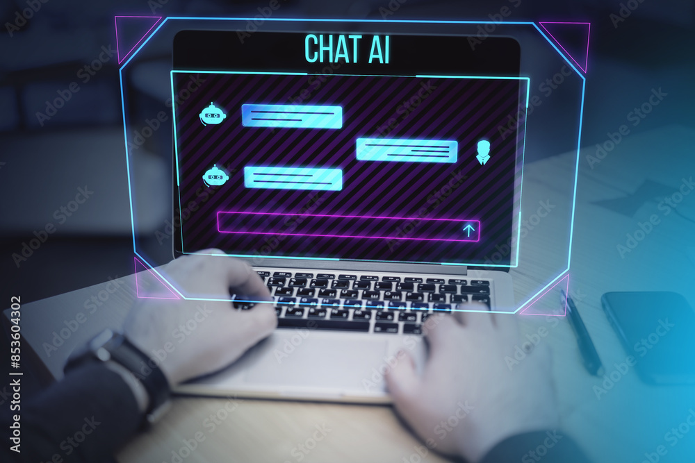Poster close up of male hands using laptop on wooden desk with and creative ai chat hologram on blurry back