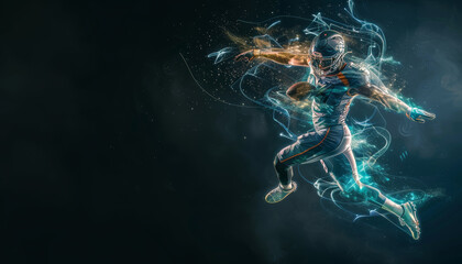 Fototapeta premium A football player is jumping in the air with a blue and white jersey by AI generated image