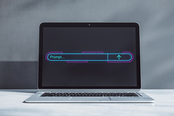 Close up of laptop glowing search engine bar on blurry background. Search engine optimization concept. 3D Rendering.