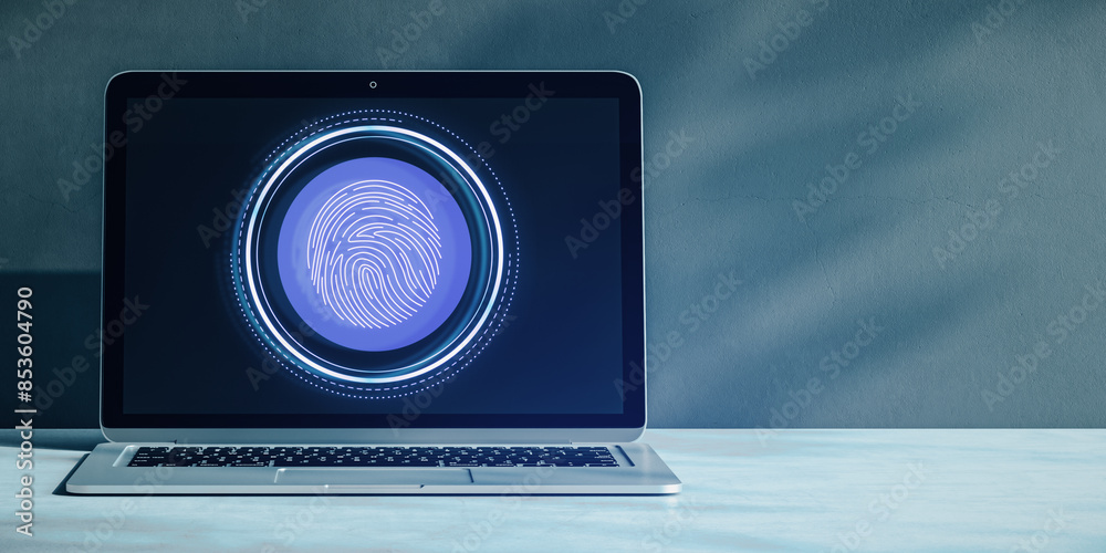 Poster close up of laptop with creative digital security hologram on concrete wall background with mock up 