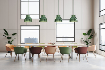 Modern light meeting room interior with furniture, windows and city view. 3D Rendering.