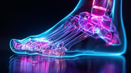 3D medical illustration of human foot bones with glowing joints.