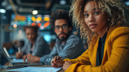 A diverse team of employees in a modern office, brainstorming