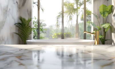 Elegant Bathroom Interior, Empty Marble Table Top for Product Display, Blurred Background, Digital AI Art, Luxurious and Modern