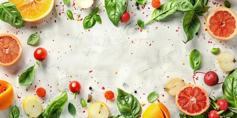 Fresh citrus and green herbs spread out on a clean white background, showcasing vibrant health and nutrition.