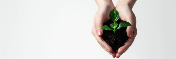 Plant in hands isolated, young sprout, new plant growing in soil, organic farming, environment care, earth day