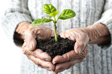 Plant in hands, young sprout, new plant growing in soil, organic farming, environment care, earth day