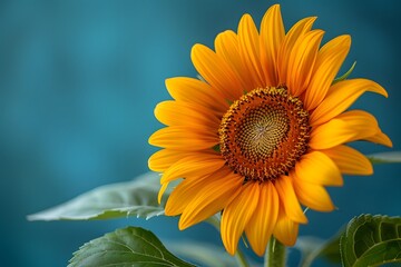 Fototapeta premium Vibrant Sunflower Bloom Against Turquoise Background - Nature, Floral Art, and Botanical Design