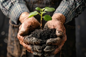 Plant in hands, young sprout, new plant growing in soil, organic farming, environment care, earth day