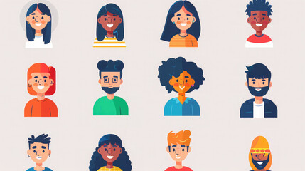 Set of diverse cartoon avatars with various hairstyles and facial expressions icons. Collection of twelve unique character illustrations for profile icons and social media use