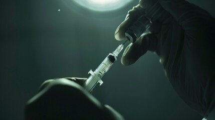 Close-up of a doctor's fingers gripping a syringe, with serum drops falling from the needle.