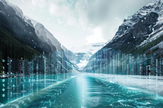 A river flowing from a glacier with ice turning into flowing binary code. 