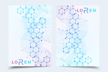 Scientific brochure design template. Vector flyer layout, Molecular structure with connected lines and dots. Scientific pattern atom DNA with elements for magazine, leaflet, cover, poster design